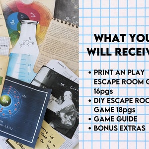 A photo of printable escape room game material and a list of included items.