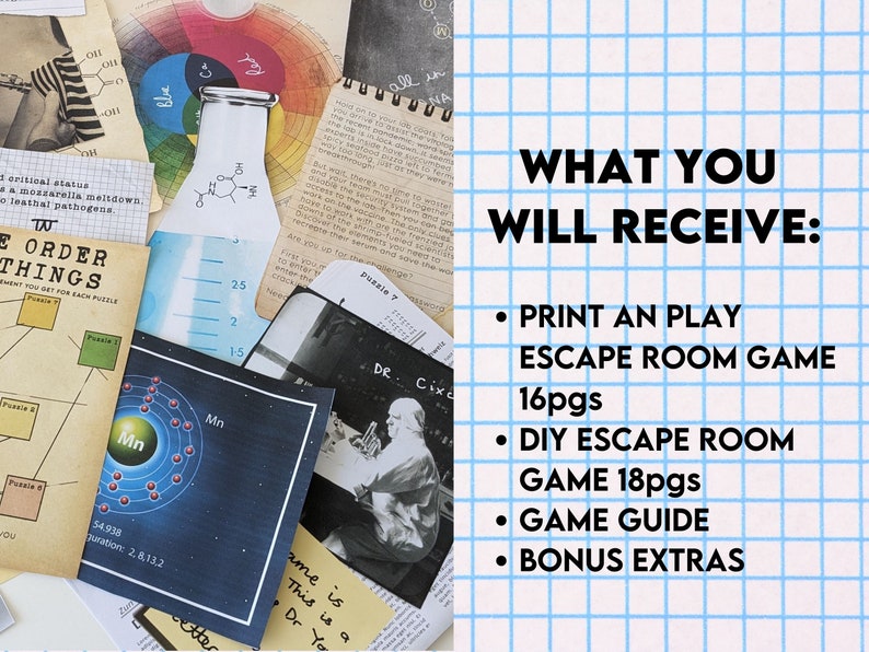 A photo of printable escape room game material and a list of included items.