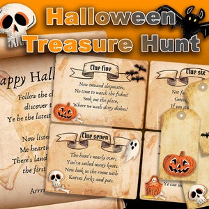 Halloween pirate treasure hunt clues. Scavenger hunt clues. Personalise clues perfect for a halloween party or just for fun!