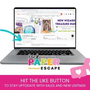 May include: A laptop computer displaying a website for a digital download of a "New Wizard Treasure Hunt" printable activity. The website is on Etsy and the product is called "LockPaperEscape". The laptop is on a pink surface with a white heart and a pink heart.