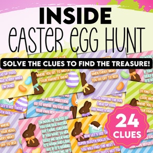 Könnte beinhalten: Ein Satz von 24 bunten Ostereiersuche-Hinweis-Karten mit einer Schokoladenhasen-Illustration. Die Karten haben einen gestreiften Hintergrund und enthalten Text wie "Ich drehe die Erde oder..." und "Wo du sitzt, um deine Lieblingssendung zu sehen!"