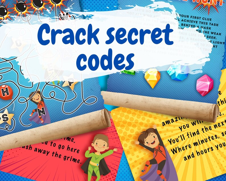 May include: A set of colorful cards with a superhero theme. The cards have instructions for a game or activity. The text on the cards reads "Crack secret codes".