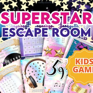 May include: A colorful set of printable escape room games for kids with a "Superstar Escape Room" theme. The games feature puzzles, word searches, and other activities related to music and performing.