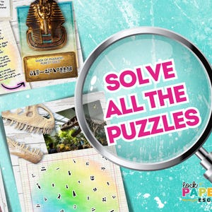 May include: A magnifying glass with the words "Solve All The Puzzles" in pink text on a turquoise background. The words "lock paper escape" are in white text on a black background below the magnifying glass.