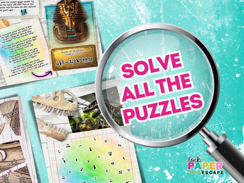 May include: A magnifying glass with the words "Solve All The Puzzles" in pink text on a turquoise background. The words "lock paper escape" are in white text on a black background below the magnifying glass.