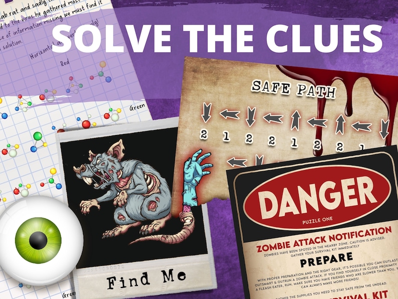 Zombie escape room printable kit for kids. Fun halloween Escape room party game, solve puzzles and clues. Family friendly puzzle game. image 3