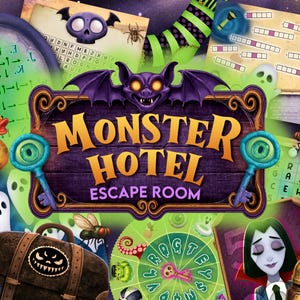 May include: A Monster Hotel Escape Room game kit featuring a central purple sign with a bat, surrounded by various game components including a rubber duck with an eyepatch, white ghost illustrations, a brown suitcase, a green wheel, and a bell.