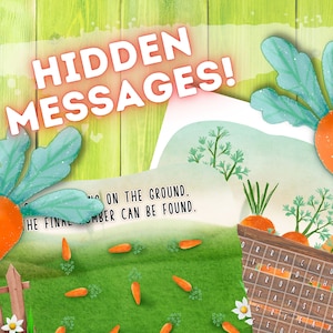 May include: A green and brown illustration of carrots with the text "HIDDEN MESSAGES!" and "MA ON THE GROUND. THE FINAL UMBER CAN BE FOUND."  The image also includes a word search puzzle with the word "CARROTS" highlighted.