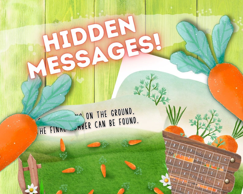 May include: A green and brown illustration of carrots with the text "HIDDEN MESSAGES!" and "MA ON THE GROUND. THE FINAL UMBER CAN BE FOUND."  The image also includes a word search puzzle with the word "CARROTS" highlighted.