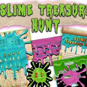 Slime Party Printable, birthday treasure hunt clues. Colourful puzzles and clues to solve, mini escape game style party.