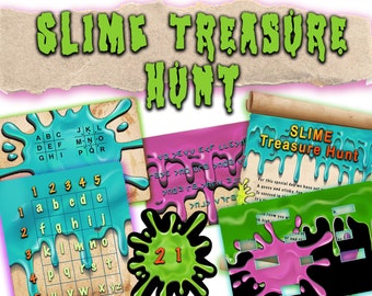 Slime Party Printable, birthday treasure hunt clues. Colourful puzzles and clues to solve, mini escape game style party.