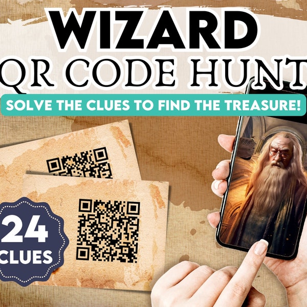 Wizard Treasure Hunt. Teenager treasure hunt clues with videos. QR Code scavenger hunt printable kit. Birthday party game. Wizarding fun!