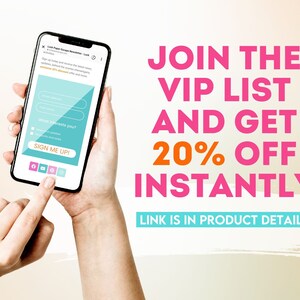 Op de afbeelding: Een smartphone die een aanmeldformulier voor een VIP-lijst met 20% korting weergeeft. Het formulier vraagt om een e-mailadres, een naam en wat de gebruiker interesseert. De tekst op het scherm luidt "Word lid van de VIP-lijst en ontvang direct 20% korting. De link staat in de productdetails."