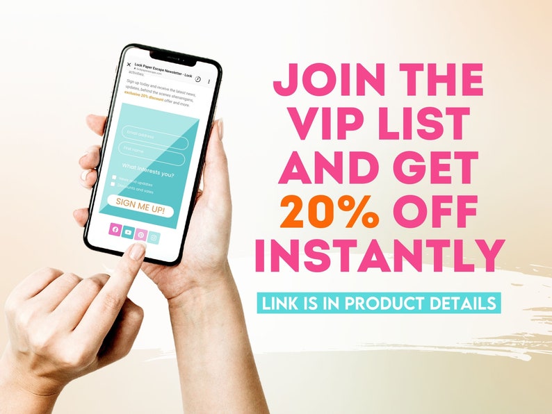 Op de afbeelding: Een smartphone die een aanmeldformulier voor een VIP-lijst met 20% korting weergeeft. Het formulier vraagt om een e-mailadres, een naam en wat de gebruiker interesseert. De tekst op het scherm luidt "Word lid van de VIP-lijst en ontvang direct 20% korting. De link staat in de productdetails."