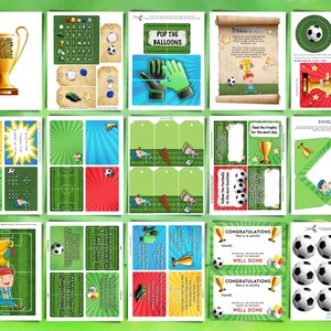 Puede incluir: Un conjunto de tarjetas de juego de fiesta imprimibles con tem&aacute;tica de f&uacute;tbol. Las tarjetas presentan un campo de f&uacute;tbol verde, un trofeo y un bal&oacute;n de f&uacute;tbol. Las tarjetas est&aacute;n dise&ntilde;adas para una fiesta de cumplea&ntilde;os infantil.