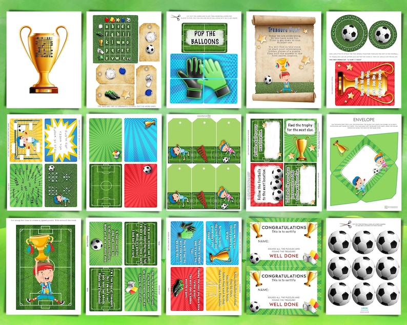 Puede incluir: Un conjunto de tarjetas de juego de fiesta imprimibles con tem&aacute;tica de f&uacute;tbol. Las tarjetas presentan un campo de f&uacute;tbol verde, un trofeo y un bal&oacute;n de f&uacute;tbol. Las tarjetas est&aacute;n dise&ntilde;adas para una fiesta de cumplea&ntilde;os infantil.