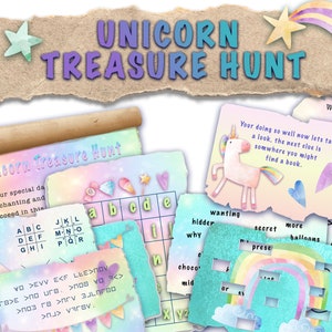 Birthday Treasure Hunt Clues. Scavenger hunt. Unicorn themed colourful puzzles and clues to solve, perfect birthday scavenger present hunt.