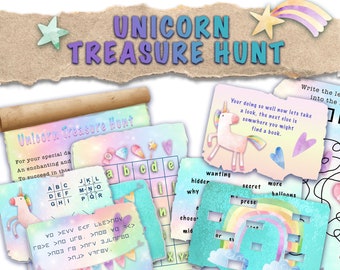 Birthday Treasure Hunt Clues. Scavenger hunt. Unicorn themed colourful puzzles and clues to solve, perfect birthday scavenger present hunt.