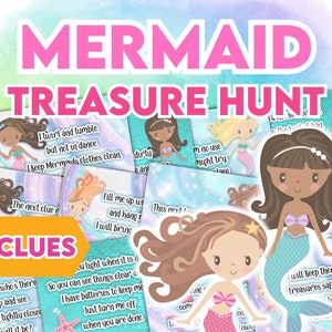 Birthday treasure hunt. Mermaid Scavenger hunt clues. An editable treasure hunt template creates even more clues. Birthday party game.