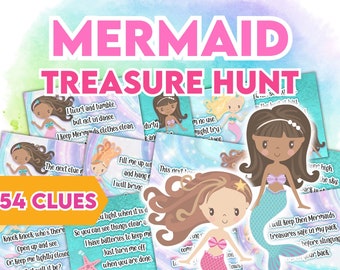 Birthday treasure hunt. Mermaid Scavenger hunt clues. An editable treasure hunt template creates even more clues. Birthday party game.