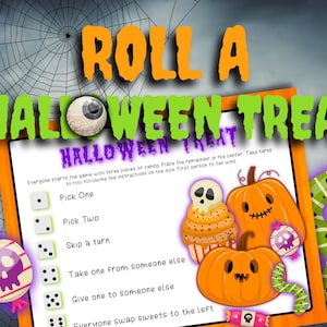 Halloween candy game for kids. Candy dice, Roll a treat. Printable party fun!