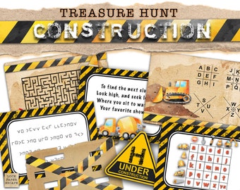 May include: A printable treasure hunt game for kids with a construction theme. The game includes a maze, a word search, a code breaker, and a riddle. The game is designed to be played indoors or outdoors.