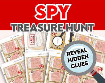 Spy Party Game, Treasure Hunt. 54 Scavenger Hunt Clues. Inside and Outside. Make a secret spy treasure hunt activity.