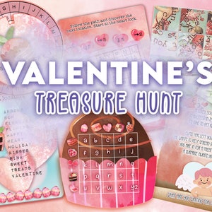 Kids Valentine's treasure hunt. Cute valentine's activity game for kids. Includes puzzles and secret codes. Find the valentines treasure.