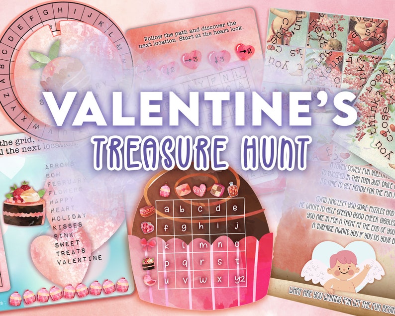 Kids Valentine's treasure hunt. Cute valentine's activity game for kids. Includes puzzles and secret codes. Find the valentines treasure. image 1