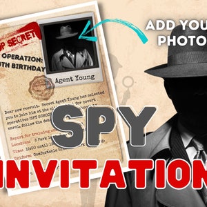 Spy Party Invitation. Secret agent party invite. Personalised printable invite for your spy or detective party. Easily Edit online.