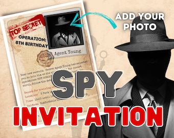 Spy Party Invitation. Secret agent party invite. Personalised printable invite for your spy or detective party. Easily Edit online.