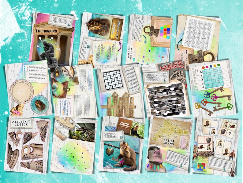 May include: A set of 10 colorful activity cards featuring various themes, including Ancient Greece, Dinosaurs, Easter Island, and more. Each card includes a puzzle, maze, or other brain teaser.