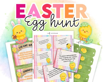 Könnte beinhalten: Ein druckbares Ostereiersuchspiel mit Hinweisen für Kinder. Das Spiel zeigt ein süßes Cartoon-Küken mit Hasenohren und einem Banner mit der Aufschrift "Ostern". Die Hinweise sind auf bunten Karten mit einer Kükenillustration geschrieben.