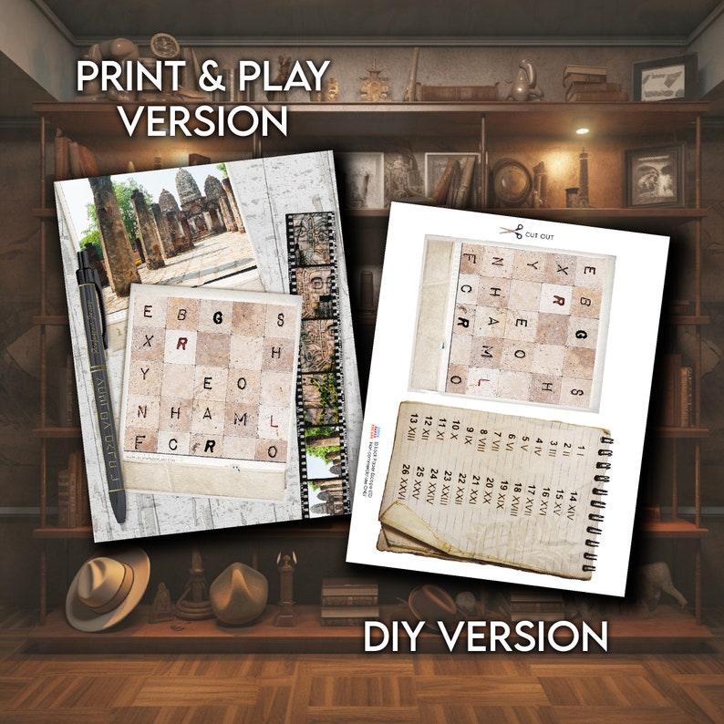 May include: A printable and a DIY version of a word search puzzle with the word "RHAML" highlighted in red. The puzzle features a vintage aesthetic with a brown and white checkered background. The word search is titled "CUT CUT" and includes Roman numerals.