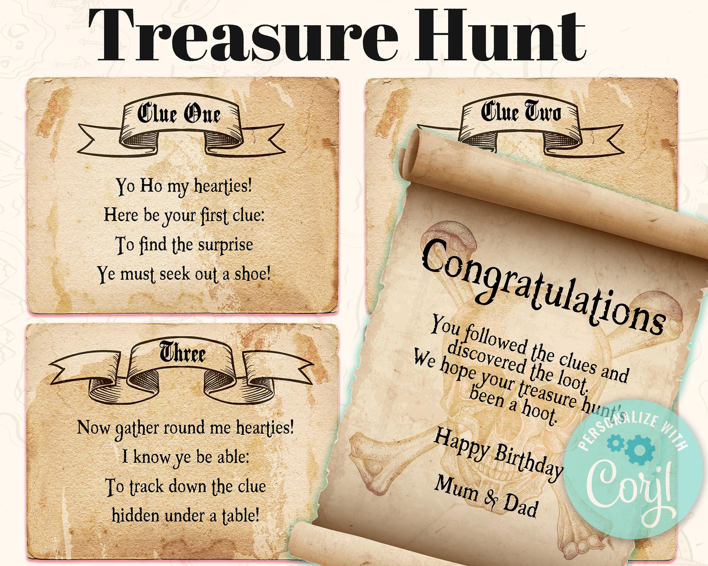 Pirate treasure hunt clues. Scavenger hunt clues. Personalise -   Portugal