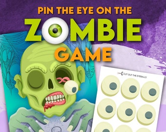 Zombie Party Game. Halloween kids party game. Pin the Eye on the Zombie. Download, Print and Play!