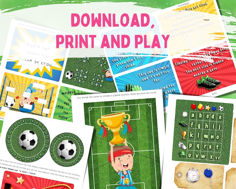 Puede incluir: Un conjunto de juegos de f&uacute;tbol imprimibles para ni&ntilde;os. Los juegos incluyen un rompecabezas, una b&uacute;squeda de palabras, un descifrador de c&oacute;digos y un juego de ruleta. Los juegos est&aacute;n dise&ntilde;ados para ser divertidos y educativos, y son perfectos para ni&ntilde;os de todas las edades.