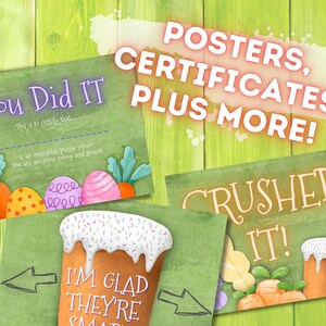 May include: A set of printable Easter-themed posters and certificates featuring illustrations of carrots, eggs, and a cake with sprinkles. The text on the posters reads "You Did It!" and "Crushed It!"