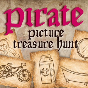 Pirate treasure hunt clues. Picture Scavenger hunt for ages 3+. Picture clues for young players, complete with a pirate treasure chest.