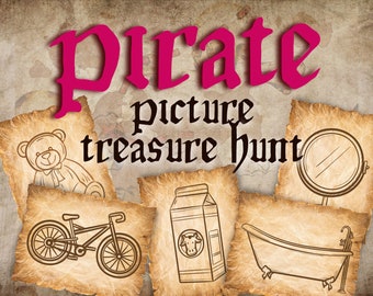 Pirate treasure hunt clues. Picture Scavenger hunt for ages 3+. Picture clues for young players, complete with a pirate treasure chest.