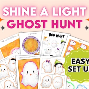 Może przedstawiać: Zestaw drukowanych kart do gry w Halloween z motywem duchów. Karty zawierają grę "Boo Hunt", koło dekodujące i karty obrazkowe z duchami. W obrazie znajduje się również tekst "Shine a Light Ghost Hunt" i "Easy Set Up".