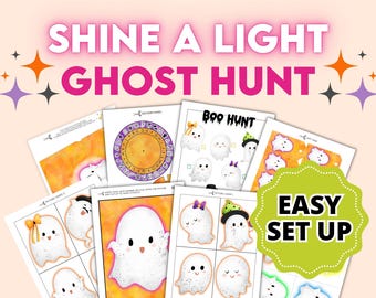 May include: A set of printable Halloween game cards featuring a ghost theme. The cards include a "Boo Hunt" game, a decoder wheel, and picture cards with ghosts. The text "Shine a Light Ghost Hunt" and "Easy Set Up" are also included in the image.