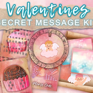 May include: A Valentine's Day secret message kit with a pink and white color scheme. The kit includes a variety of codes and ciphers, including Polybius Square, Morse Code, and a wheel cipher. The kit also includes two blank cards with a pink and white background and a heart design.