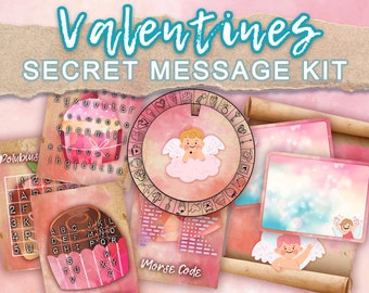 Printable Valentine Secret Message. 5 cyphers and codes with editable text. Make secret treasure hunt clues. Edit easily with Canva.