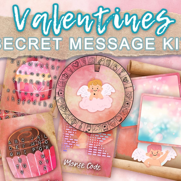 Printable Valentine Secret Message. 5 cyphers and codes with editable text. Make secret treasure hunt clues. Edit easily with Canva.