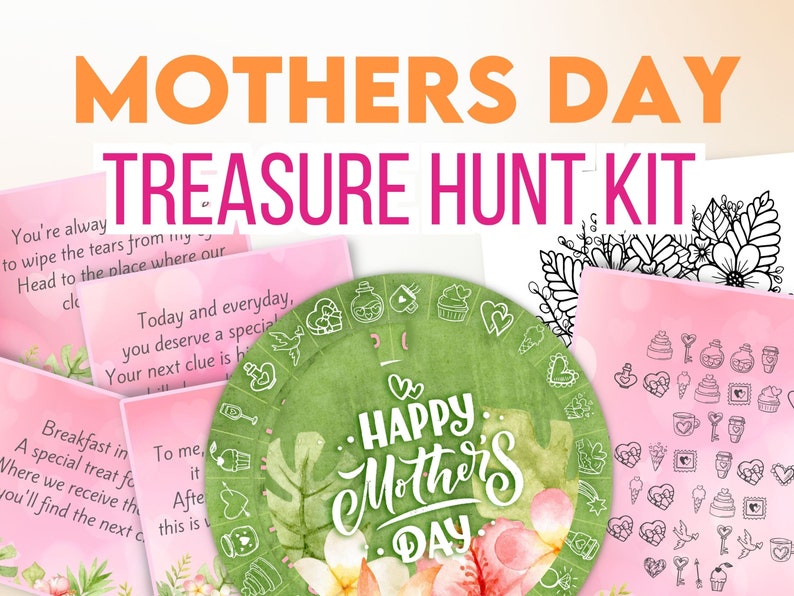 Op de afbeelding: Een Moederdag schattenjacht set met roze en groene papieren kaarten, een groen papieren bord met de woorden "Happy Mother's Day" en een zwart-witte printbare pagina met verschillende symbolen.