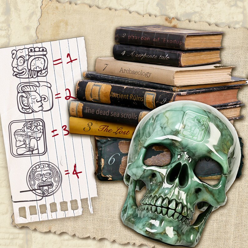 May include: A green jade skull with a small green jade design on the forehead. The skull is sitting on a stack of books with titles such as "Pharoah of Exodus", "A Serpents Tale", "Archaeology", "Ancient Ruins", "The Dead Sea Scrolls", and "The Lost".