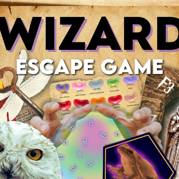 Wizard escape room game. Wizard school printable puzzle game. Family fun game night activity. Set up a DIY escape room.