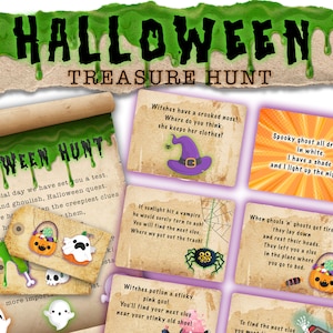 Halloween Treasure Hunt Clues. Scavenger hunt. Fun themed colourful puzzles and clues to solve, perfect birthday scavenger present hunt.