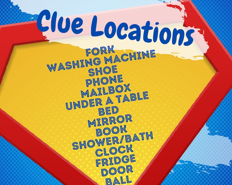 May include: A red and yellow superhero-shaped sign with the words "Clue Locations" at the top. The sign lists a variety of common household items, such as a fork, washing machine, shoe, phone, mailbox, bed, mirror, book, shower, clock, fridge, door, and ball.